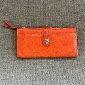 Fossil Women's Orange Genuine Pebble Leather Bi-Fold Snap Button Slim Wallet